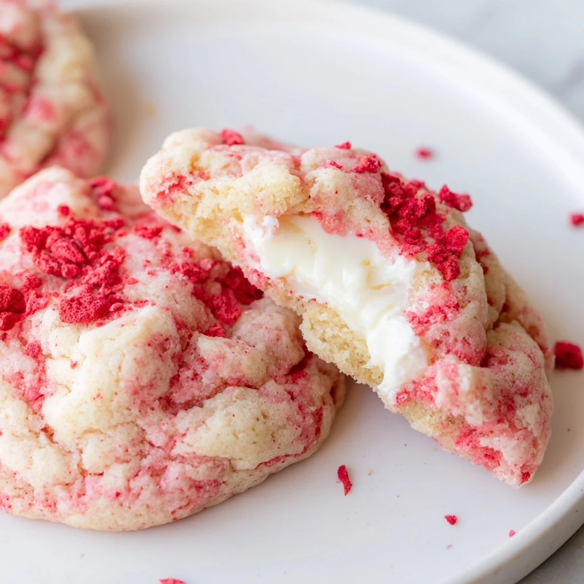 Chewy strawberry cheesecake cookies topped with crushed freeze-dried berries fresh from the oven