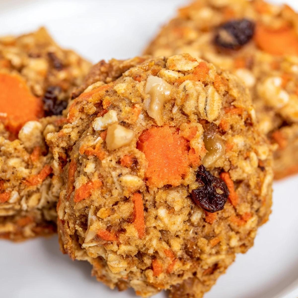 Chewy carrot cake cookies with visible oats and grated carrots on rustic wooden board