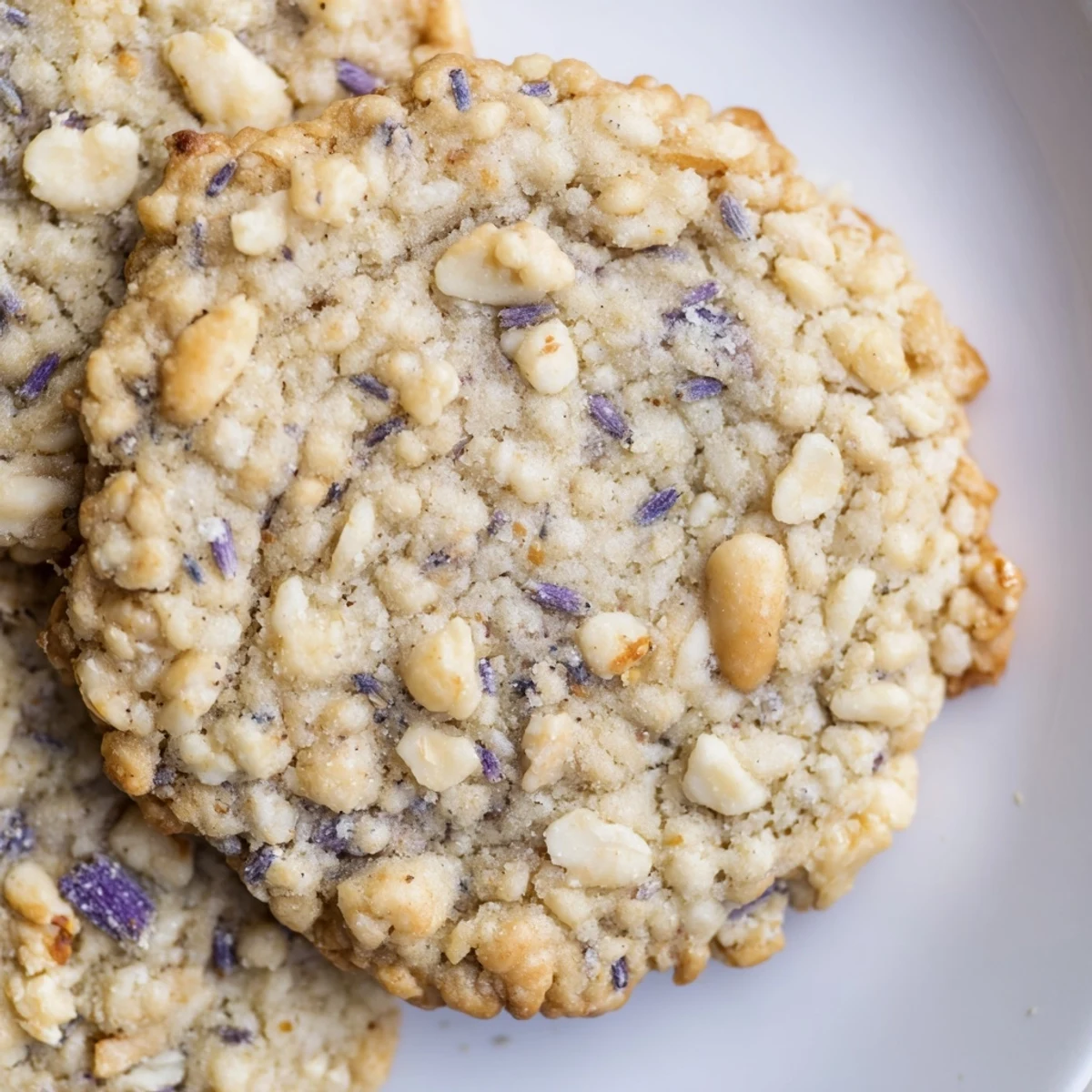 Stack of Lavender Honey Crunch Cookies beside a steaming cup of Earl Grey tea