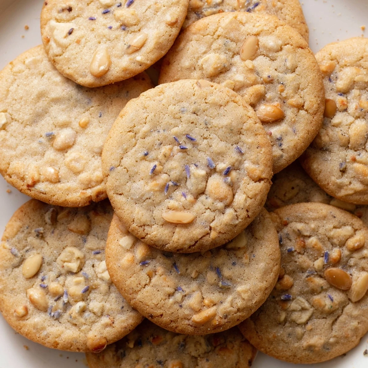 Crisp Lavender Honey Crunch Cookies cooling on a wire rack with visible purple flecks