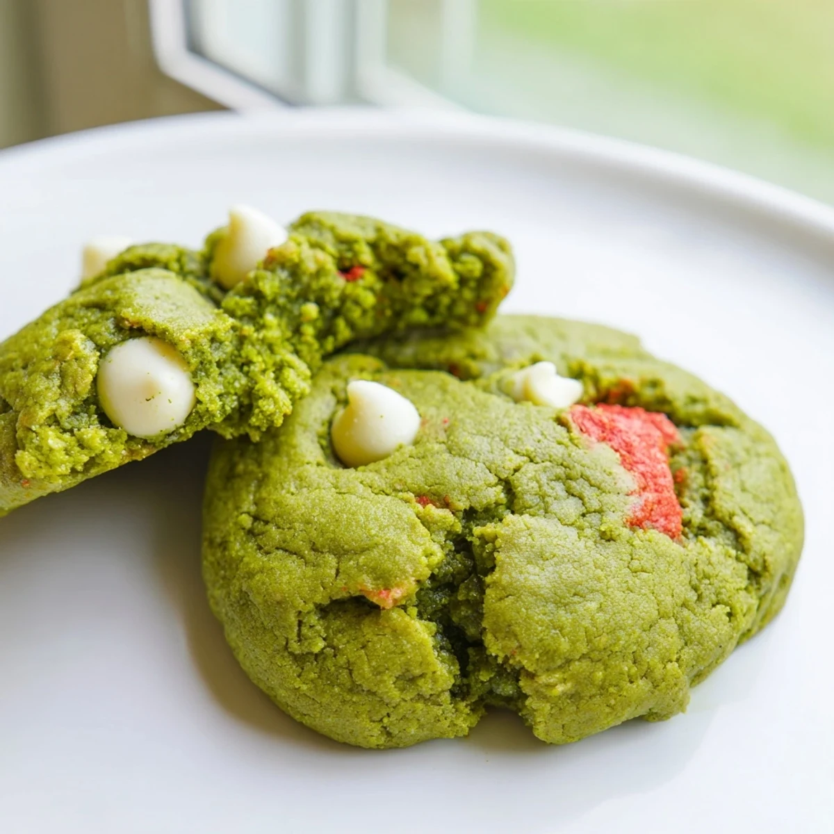 Chewy matcha cookies studded with ruby-red strawberry bits on a rustic baking sheet