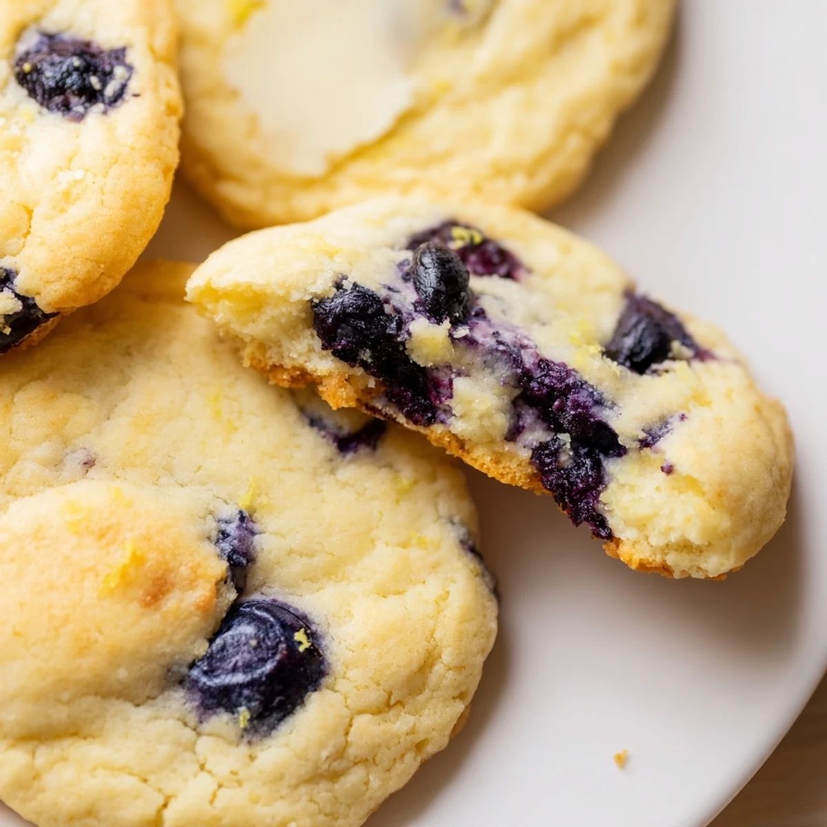Soft-baked lemon blueberry cheesecake cookies with golden edges and juicy berry pockets throughout.