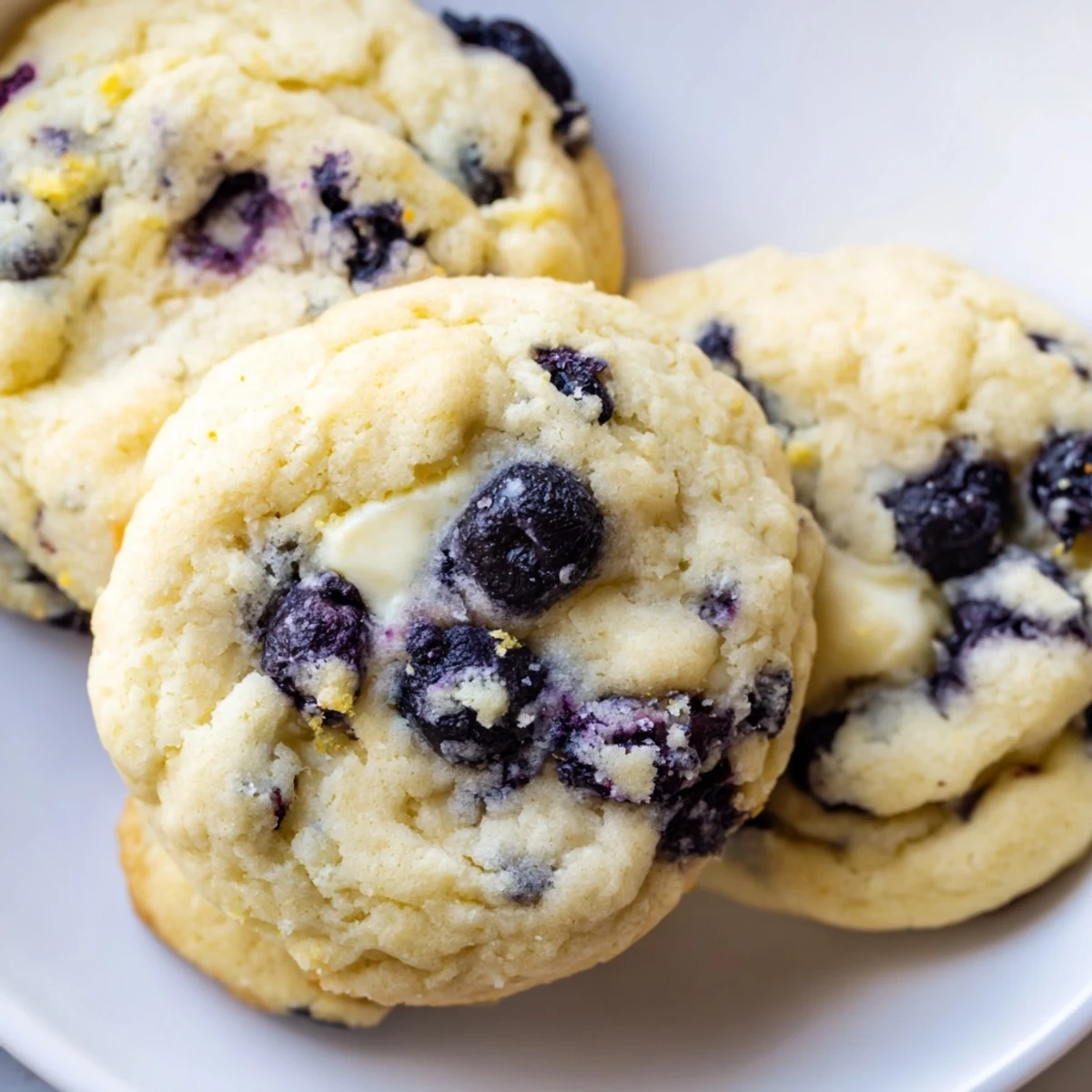 Chewy lemon blueberry cheesecake cookies showcasing creamy center filling and fresh vibrant blueberries on top.