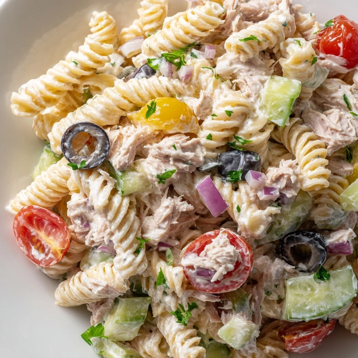 Chilled tuna pasta salad topped with crisp vegetables and served on a rustic wooden table