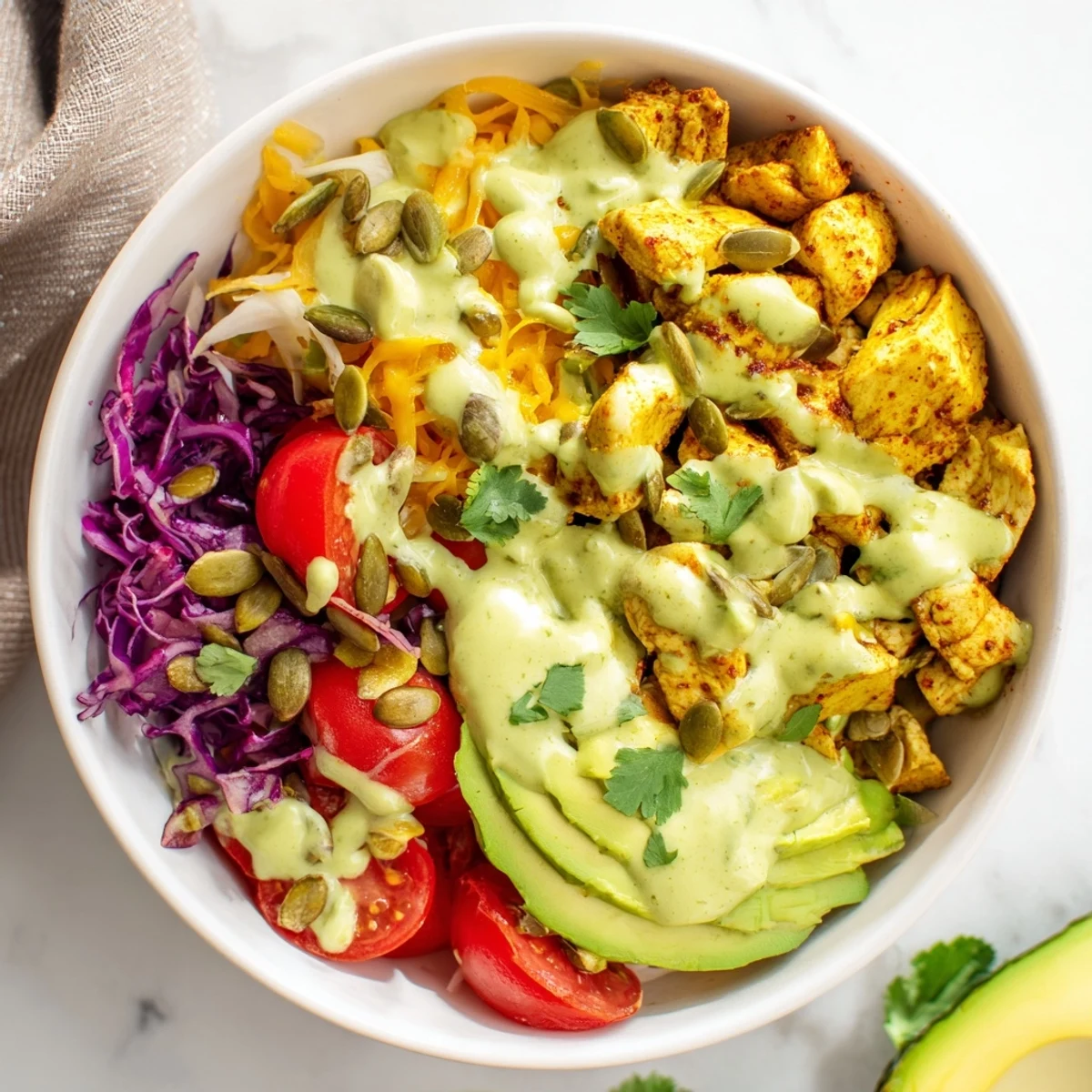 Fresh keto bowls featuring grilled chicken, crunchy vegetables, and rich green avocado dressing