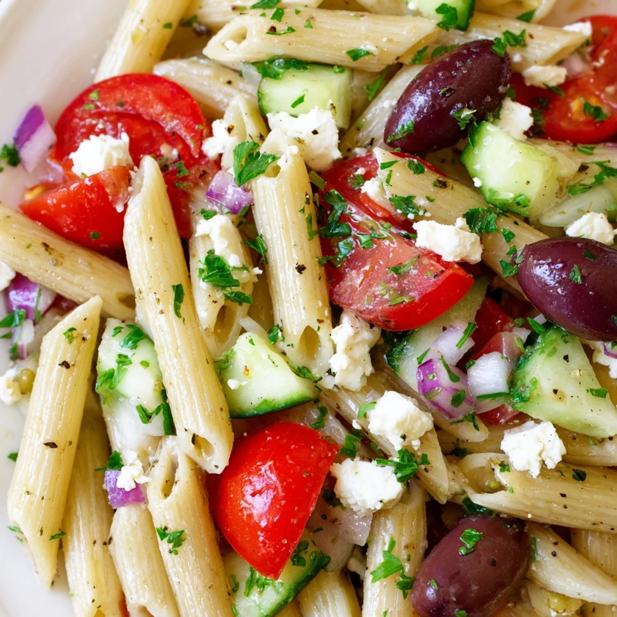 Colorful Greek pasta salad loaded with crisp vegetables, tangy feta, and zesty herb dressing in a white serving bowl