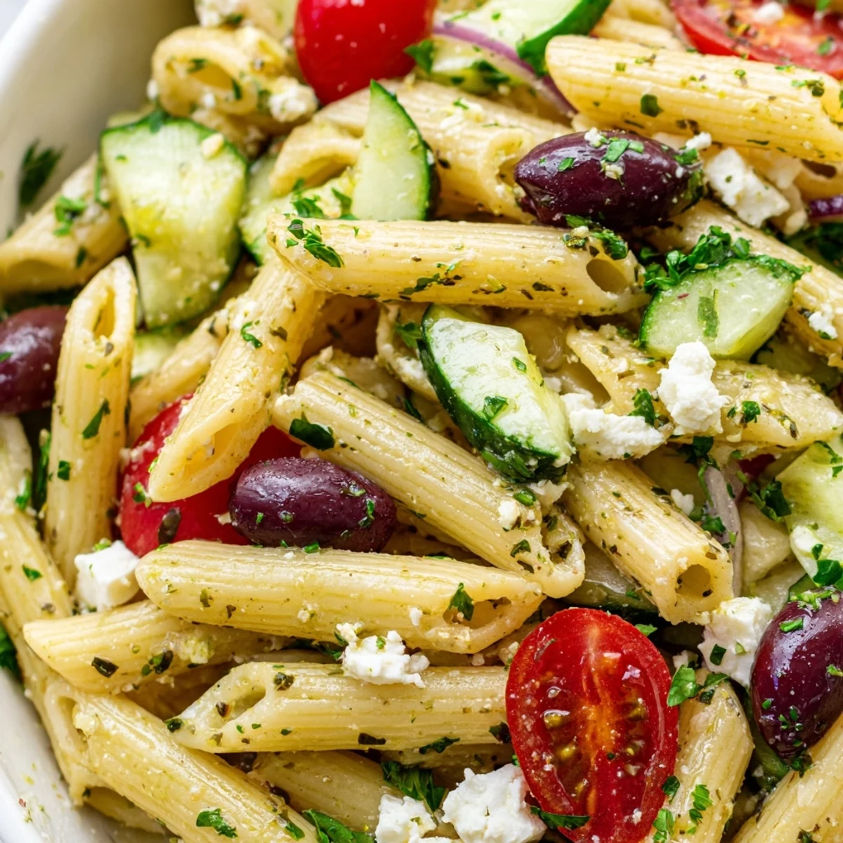 Creamy feta cheese tops this vibrant Greek pasta salad with cherry tomatoes, cucumber, and Kalamata olives