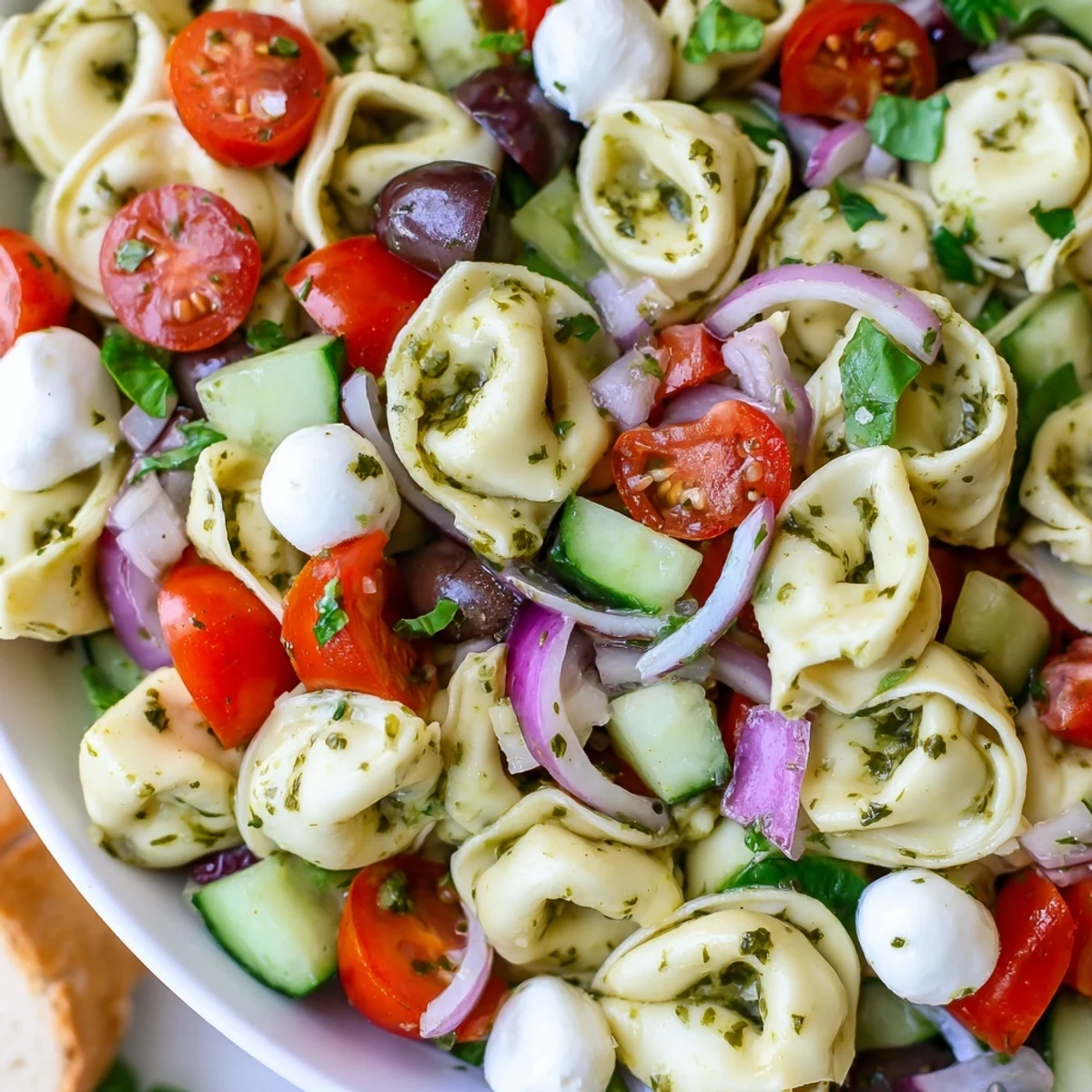Colorful tortellini pasta salad with fresh vegetables and mozzarella in zesty Italian dressing
