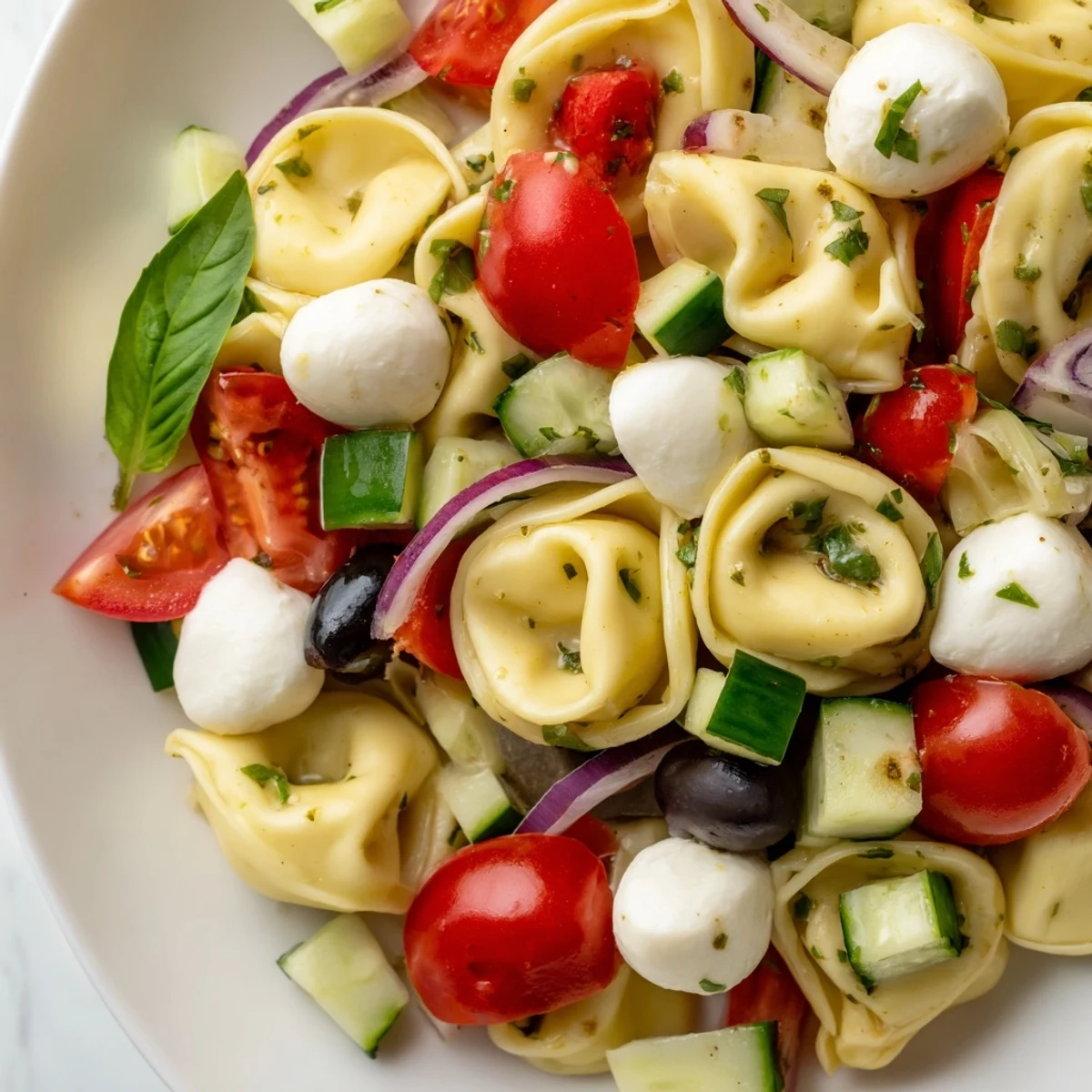Creamy cheese tortellini pasta salad tossed with crisp peppers tomatoes and tangy vinaigrette