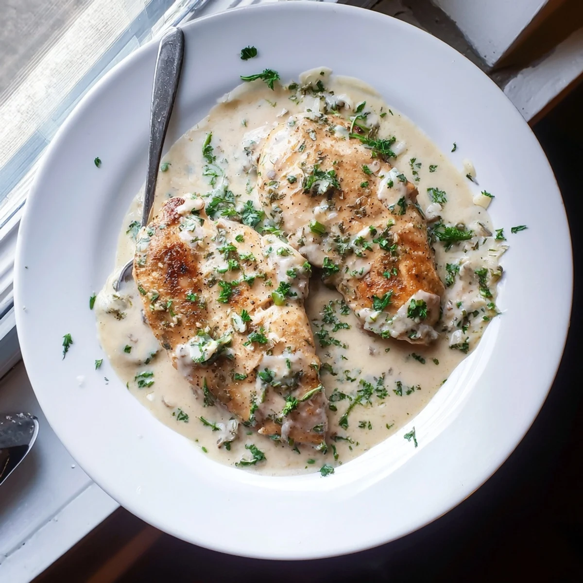 Creamy garlic chicken in golden skillet with rich white Parmesan sauce and fresh parsley garnish