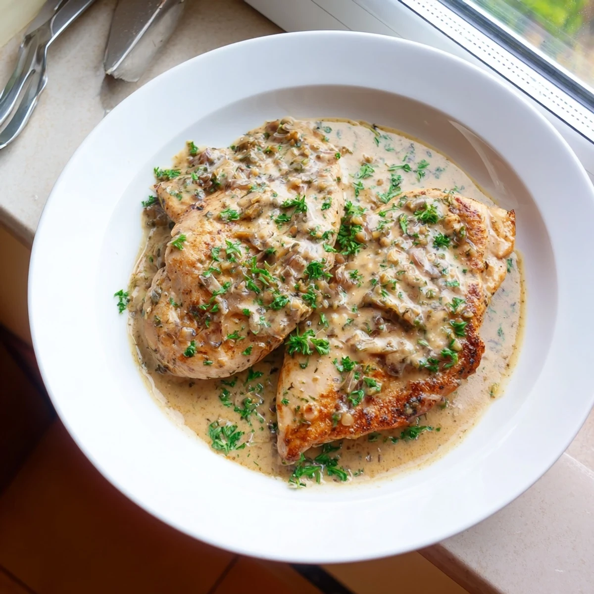 Tender creamy garlic chicken breasts smothered in velvety garlic Parmesan sauce on white dinner plate