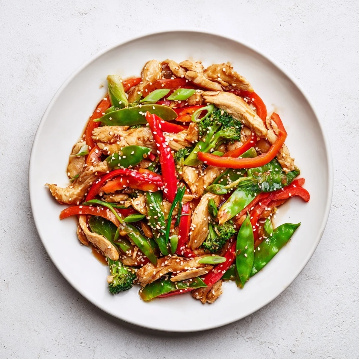 Sesame soy chicken stir fry in a wok with vibrant vegetables and glossy sauce