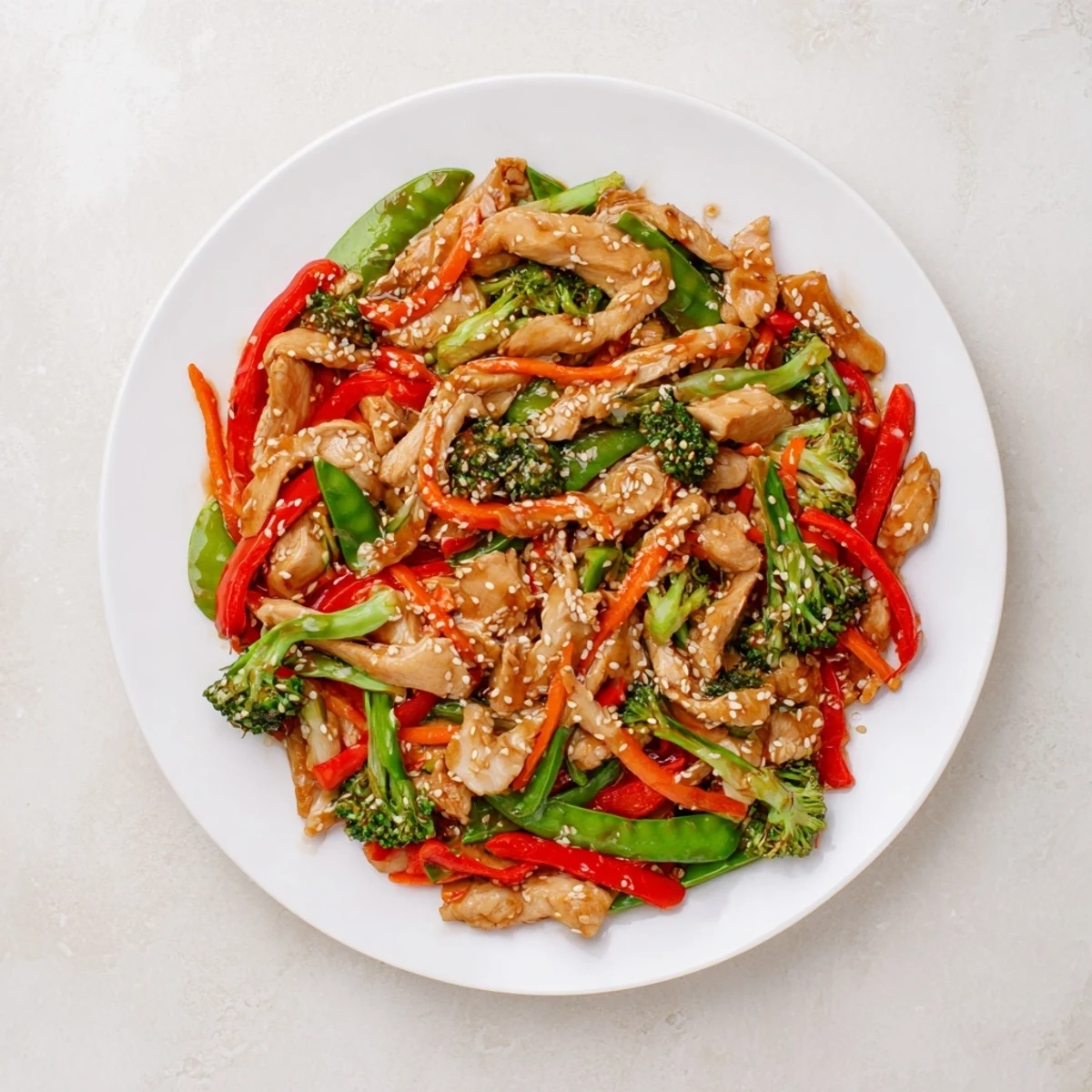 Tender sesame soy chicken stir fry topped with sesame seeds and fresh scallions