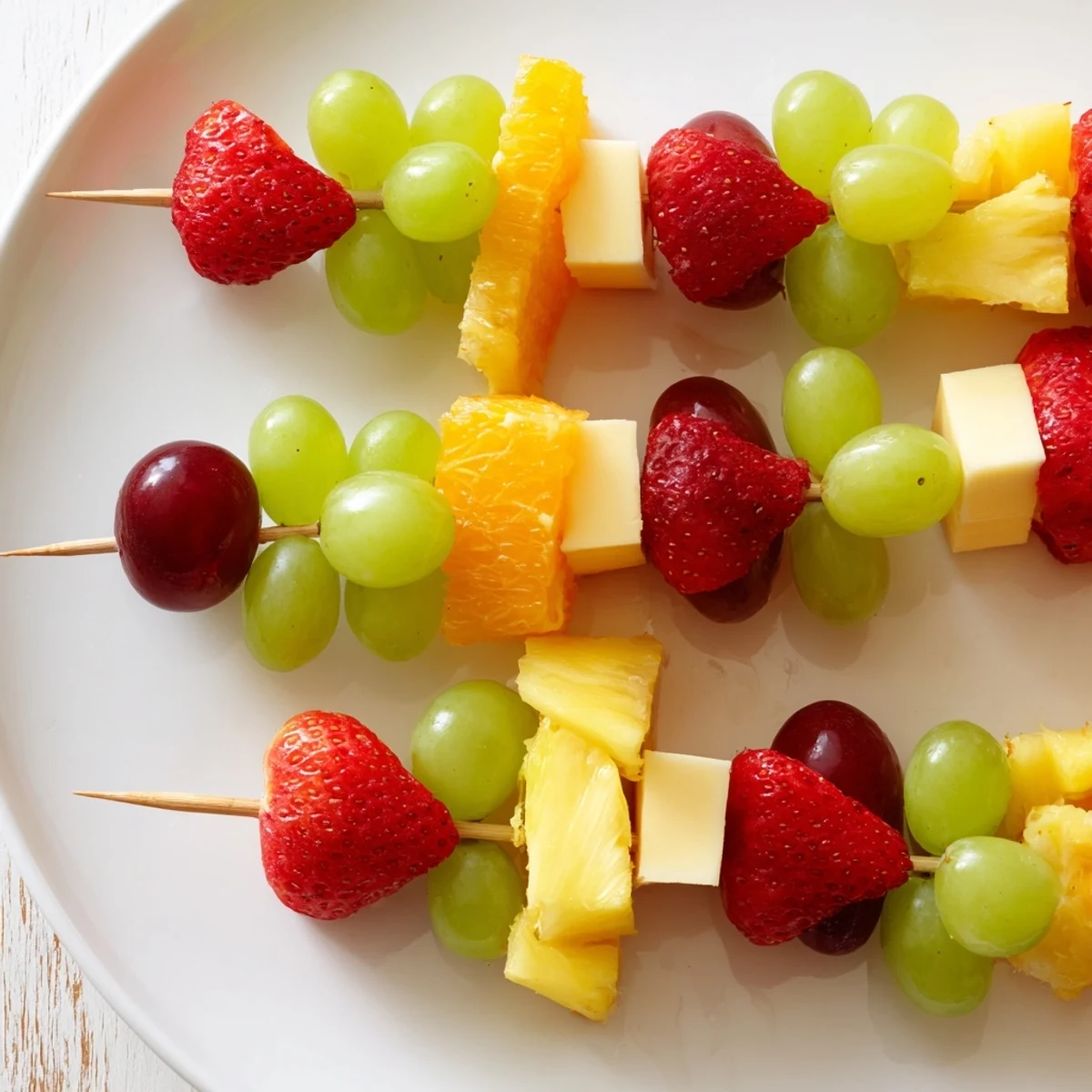 Colorful fruit and cheese kabobs arranged on a platter with grapes, strawberries, pineapple, and cheddar cubes