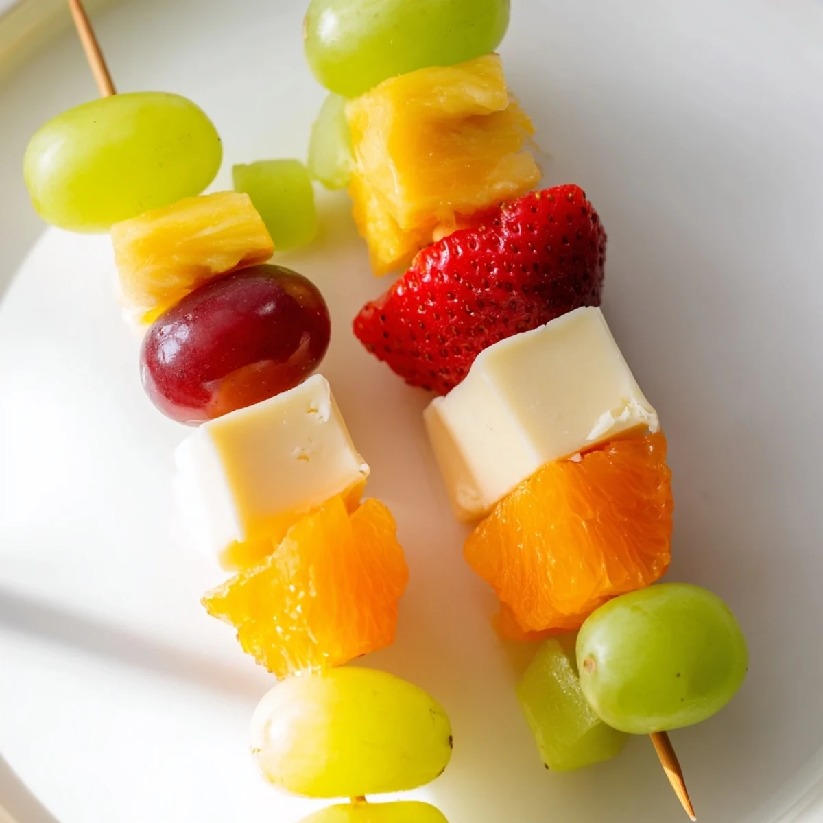 Fresh fruit and cheese kabobs featuring alternating cubes of creamy mozzarella and ripe red grapes on skewers