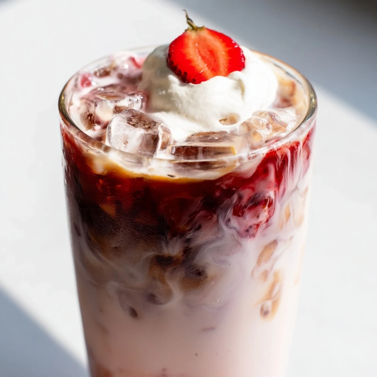 Creamy strawberry cold latte in a tall glass with swirled coffee layers and fresh berry garnish