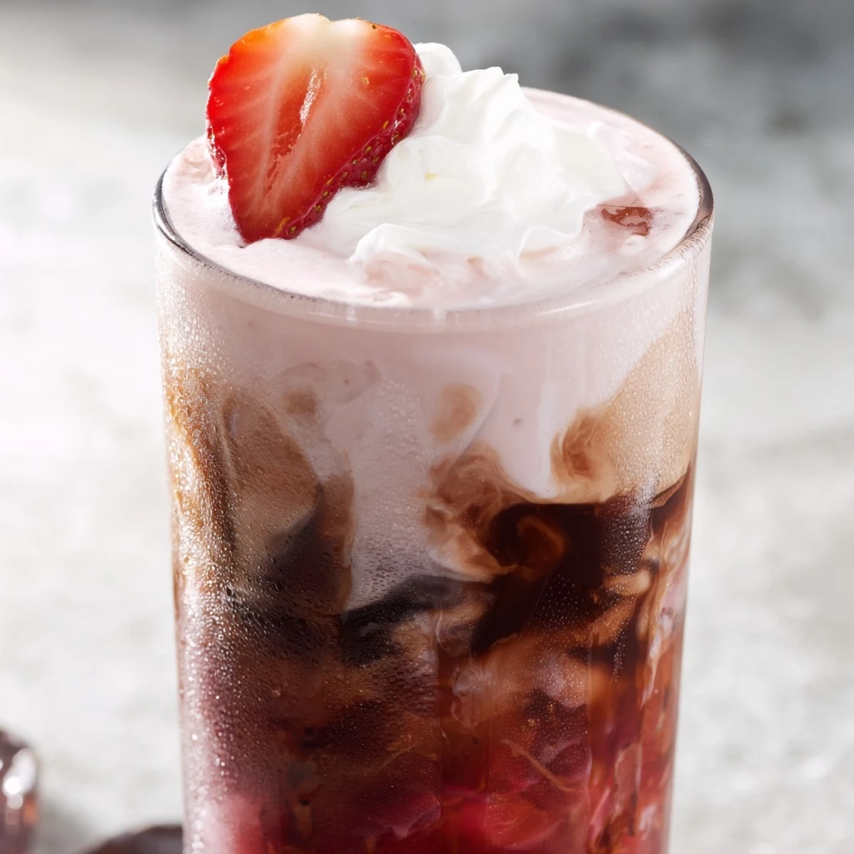 Iced strawberry cream latte topped with fluffy whipped cream and vibrant red strawberry slices