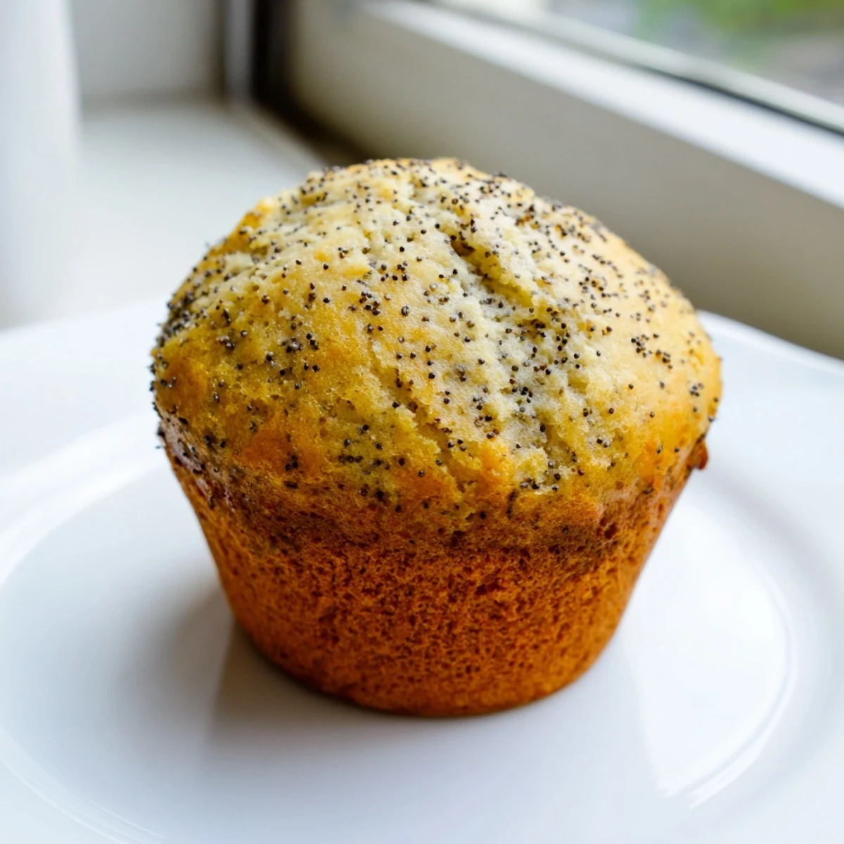 Golden lemon poppy seed muffins with domed tops in a lined muffin tin