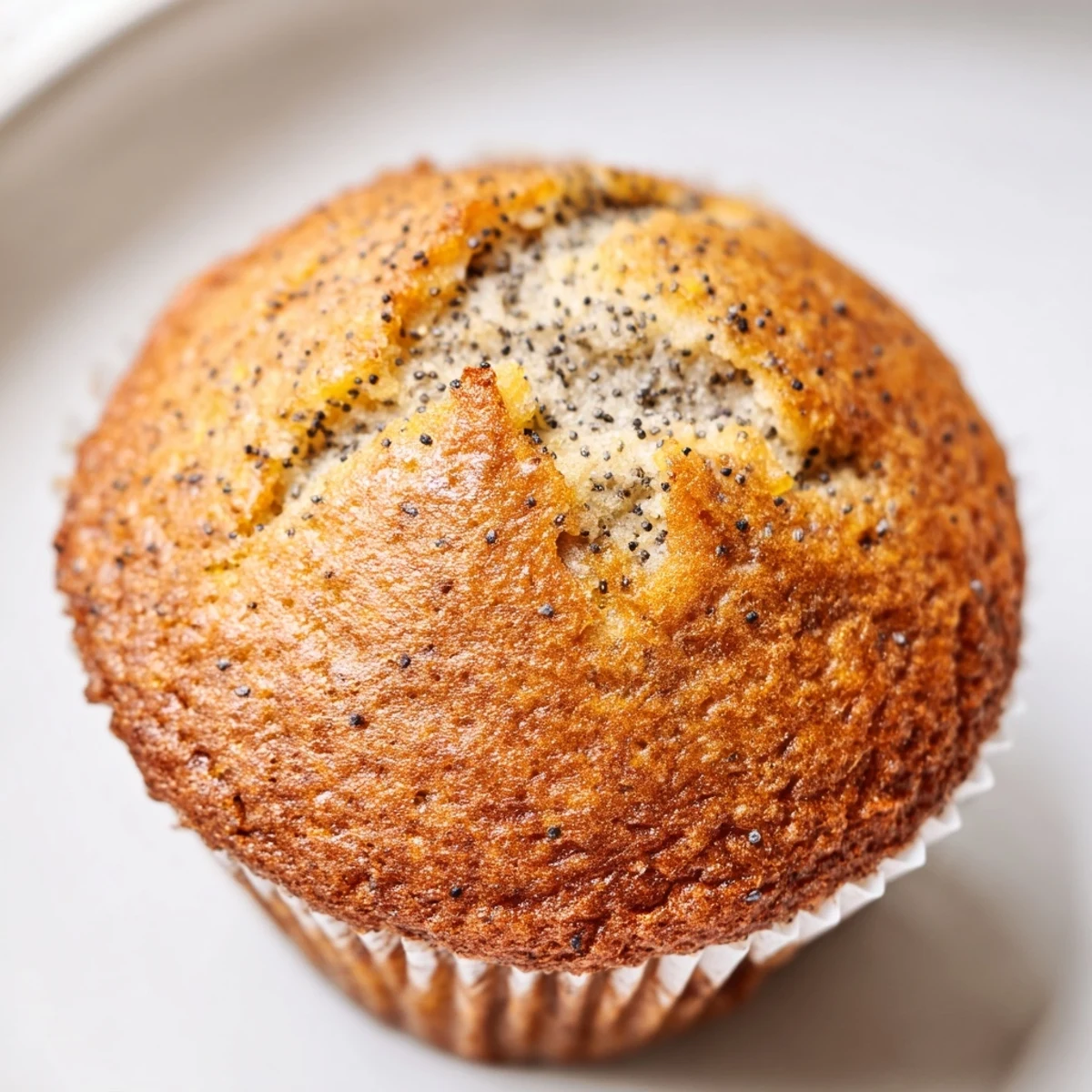 Moist lemon poppy seed muffins dusted with powdered sugar on a rustic plate
