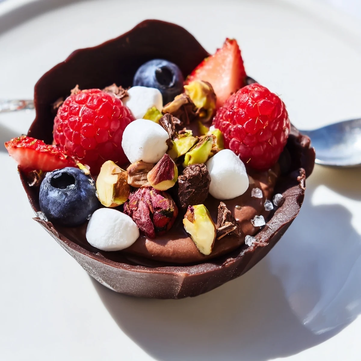 Chocolate grazing cups filled with silky mousse and topped with fresh berries