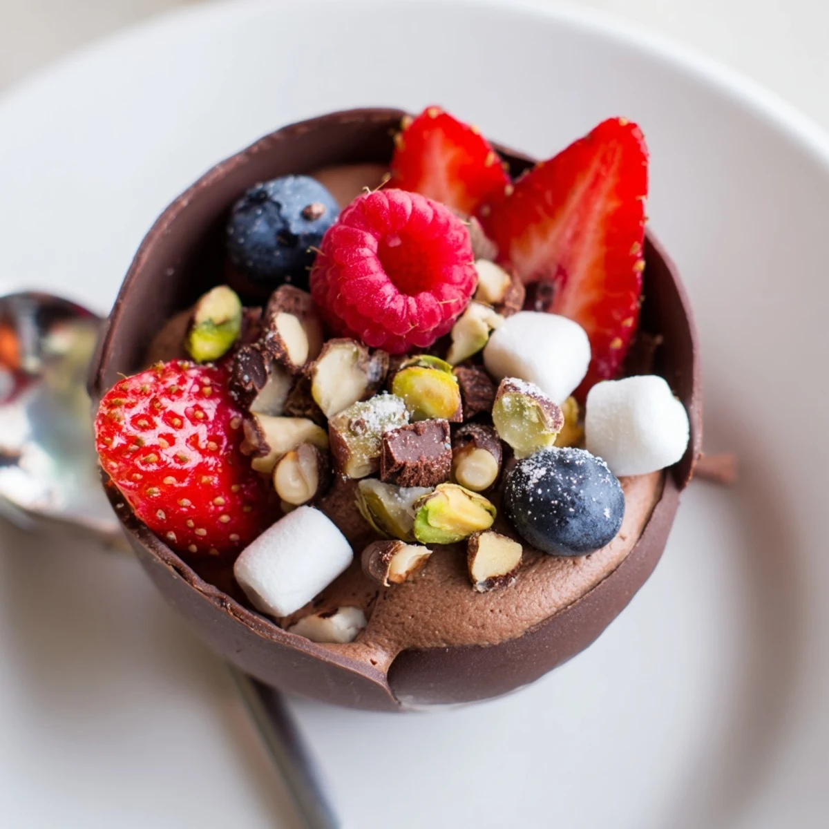 Elegant chocolate grazing cups garnished with mixed berries and crunchy nuts