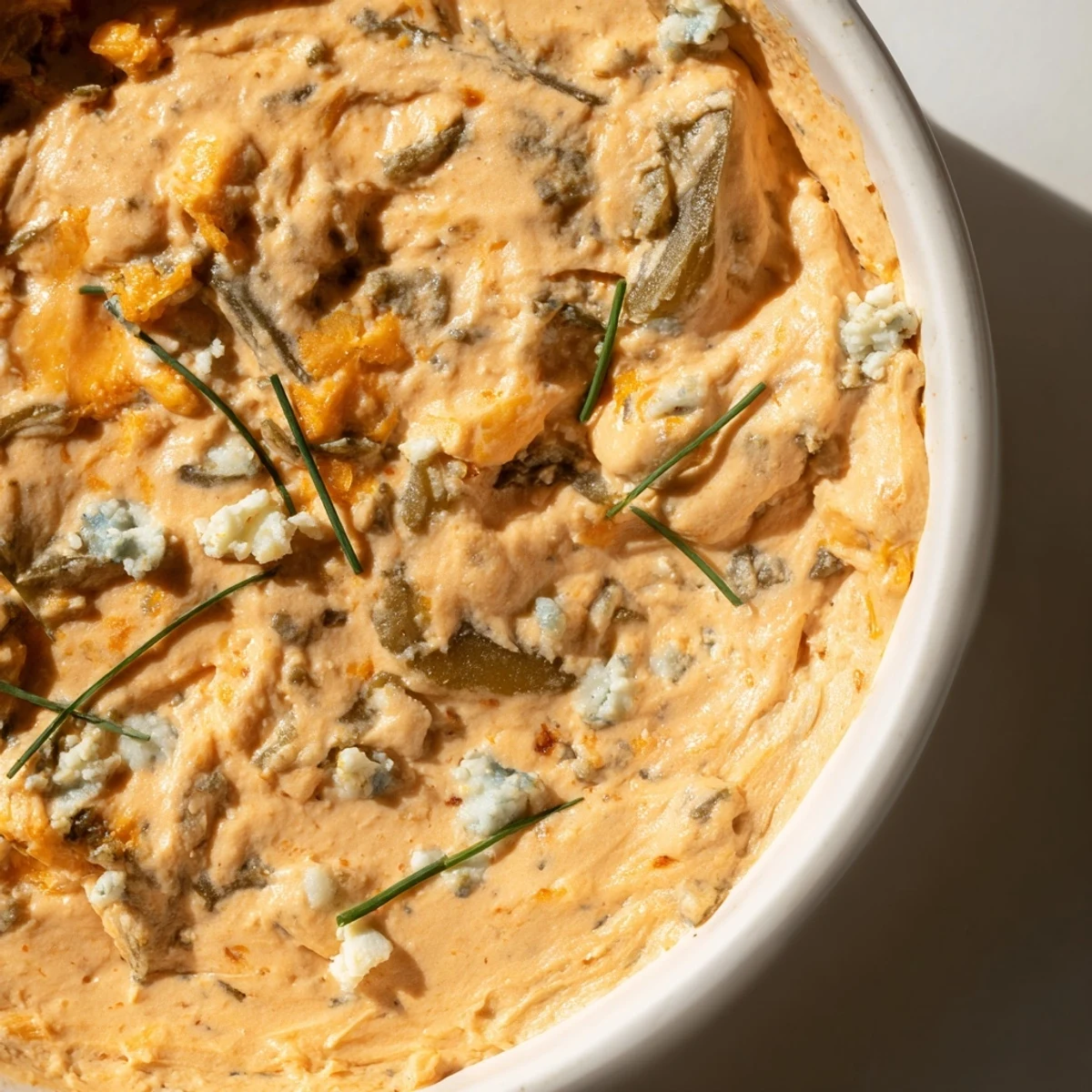 Creamy buffalo pickle dip in a serving bowl surrounded by crunchy chips and fresh veggie sticks