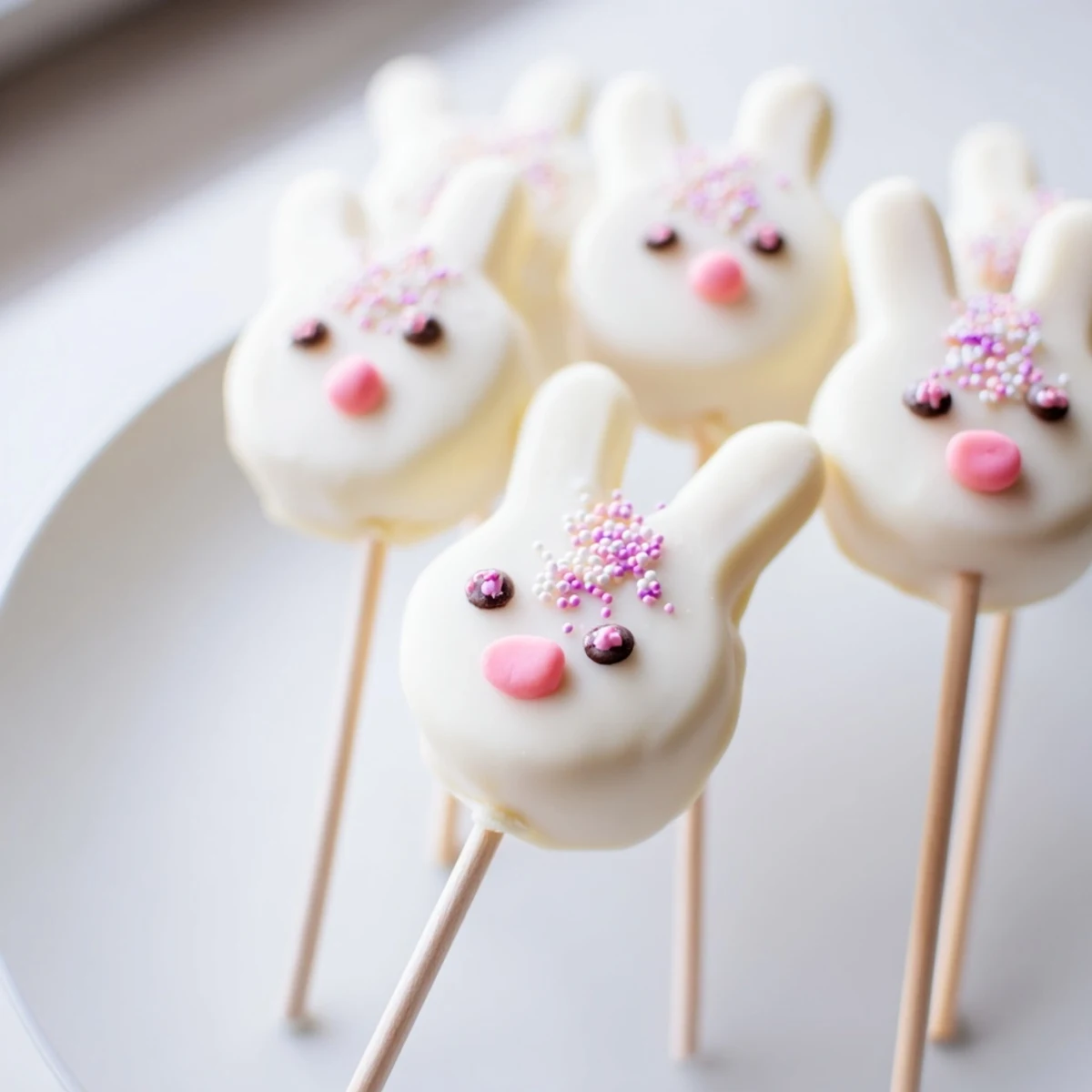 Adorable white chocolate bunny cakesicles with candy eyes and pink ears on sticks