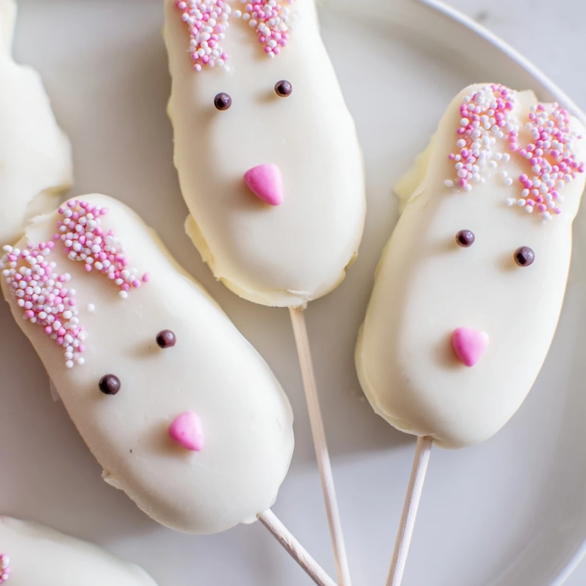 Creamy white chocolate bunny cakesicles decorated with sprinkles for Easter celebrations