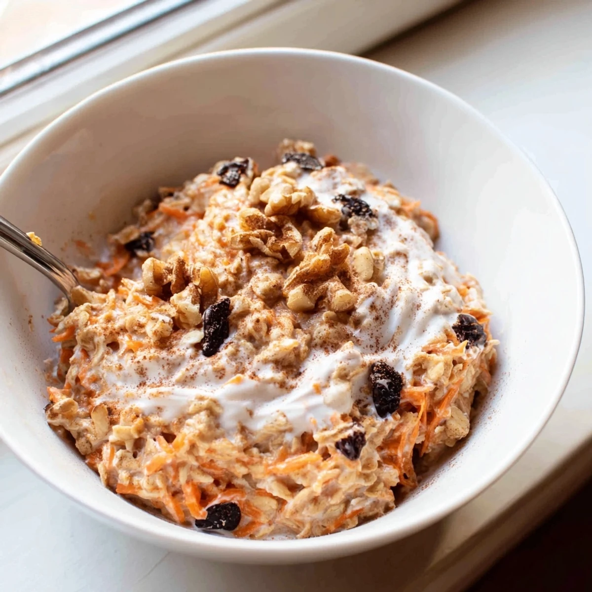 Creamy carrot cake overnight oats topped with crunchy walnuts in a glass jar