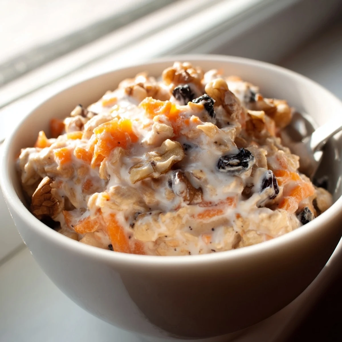 Spoonful of carrot cake overnight oats with raisins and a creamy yogurt texture