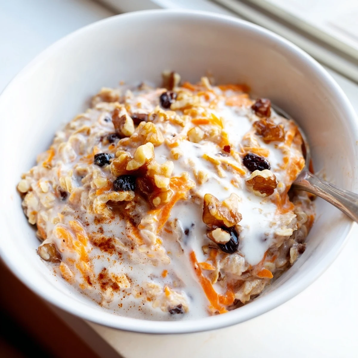 Carrot cake overnight oats served chilled with grated carrots and warm cinnamon spices