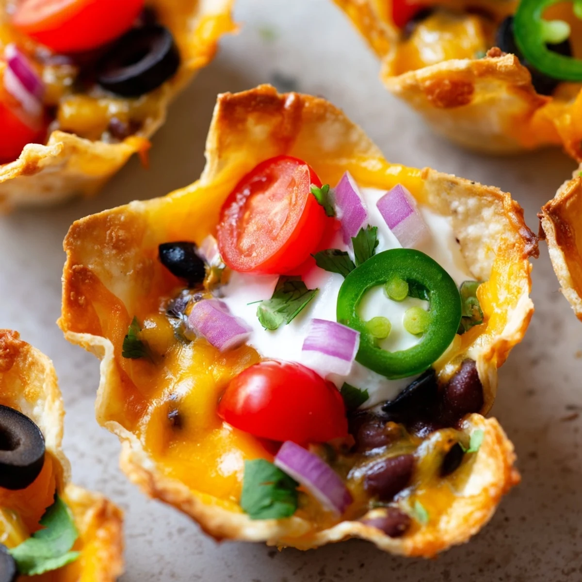 Golden cheesy nacho cups bubbling with melted cheddar and colorful fresh toppings