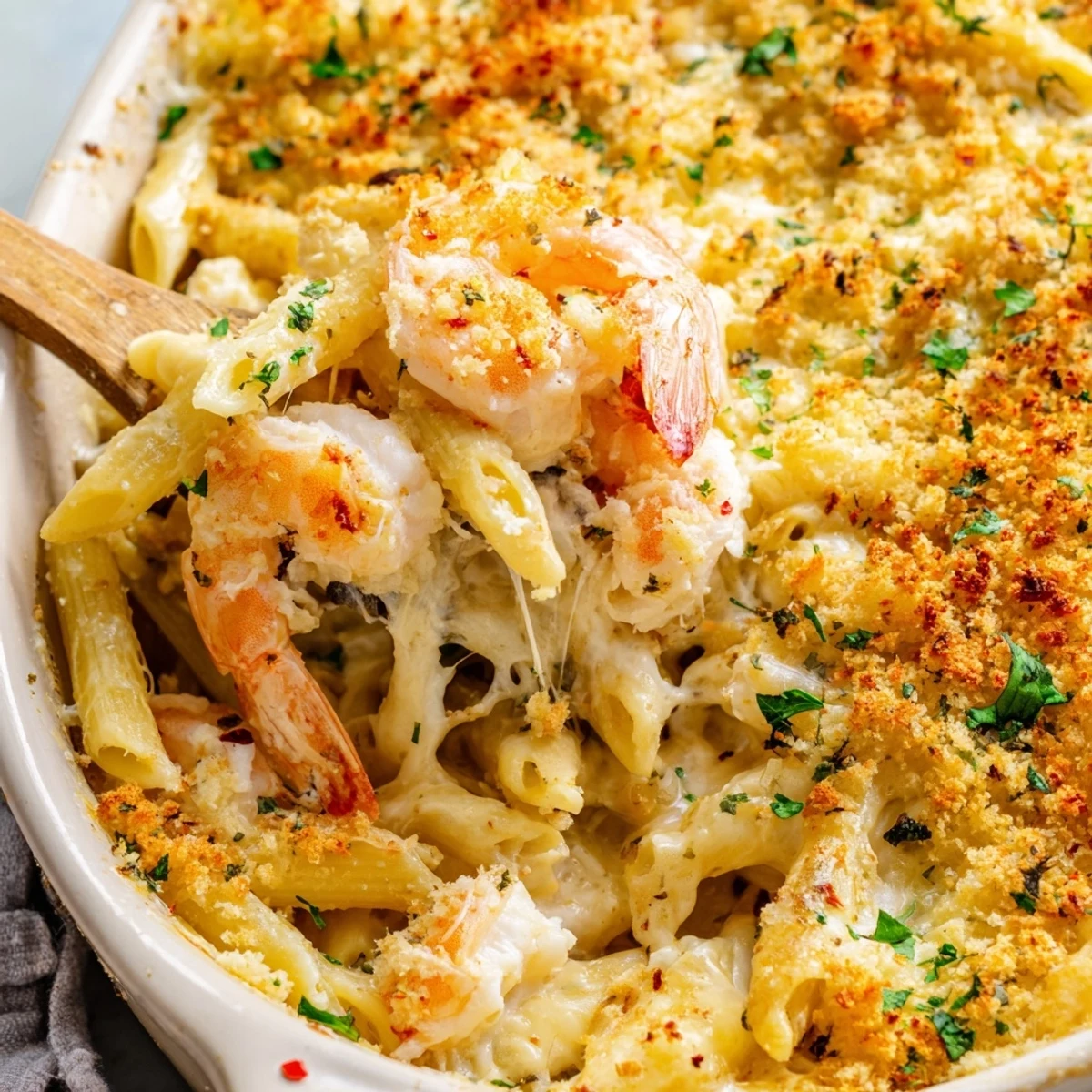 Golden bubbling shrimp scampi pasta bake with melted mozzarella cheese and fresh parsley garnish