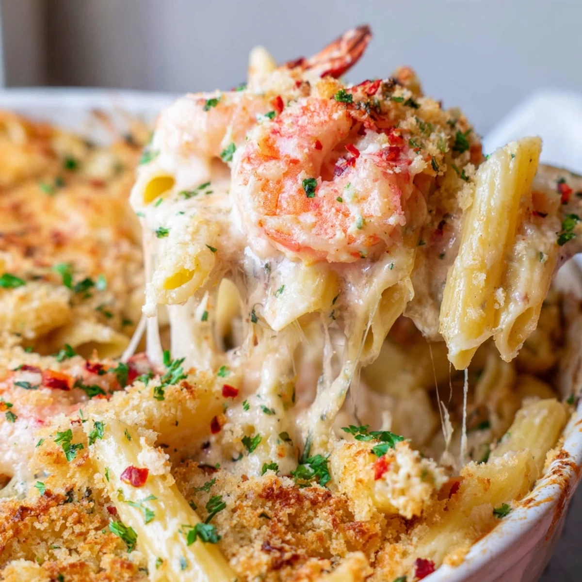 Creamy shrimp scampi pasta bake topped with crispy parmesan crust served in white casserole dish