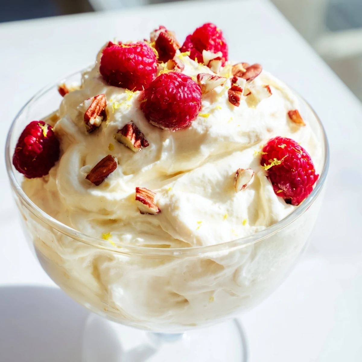 Light and airy keto cheesecake fluff scooped into dessert cups with berry garnish