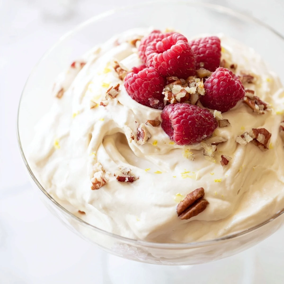 Fluffy keto cheesecake fluff swirled with vanilla and crowned with raspberries and pecans