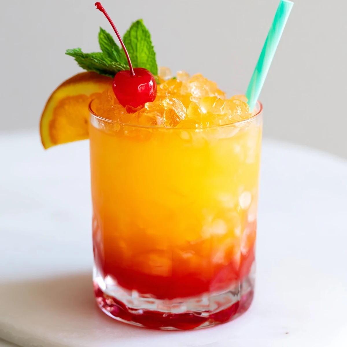 A refreshing Non Alcoholic Mai Tai in a glass with orange slice and cherry garnish