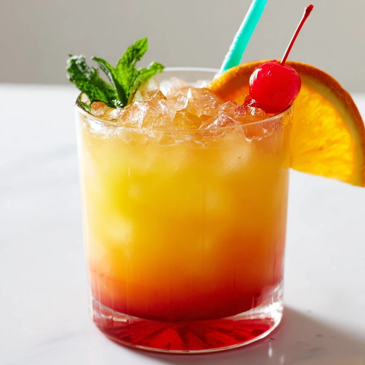 Tropical Non Alcoholic Mai Tai mocktail with layered grenadine and fresh mint sprig