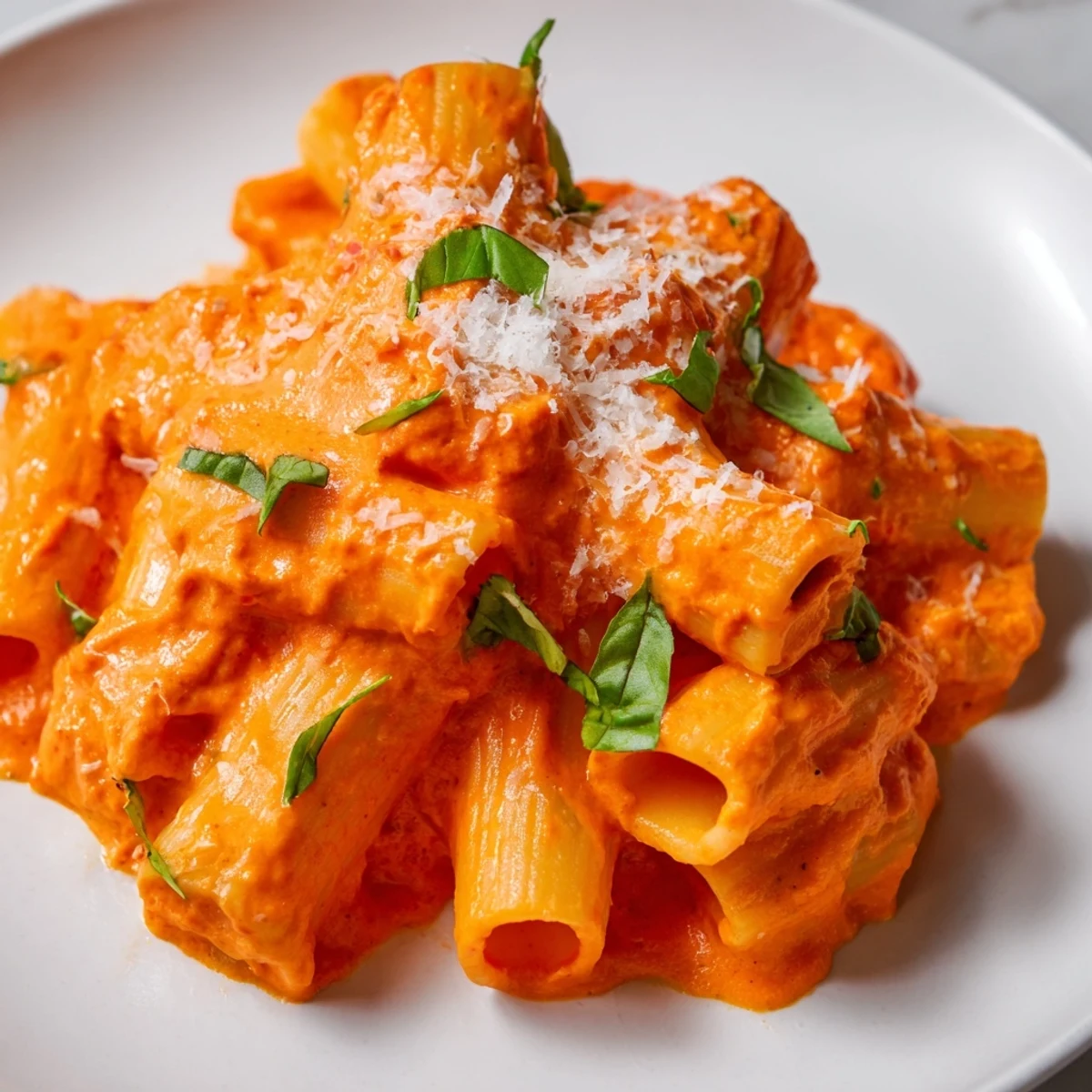 Creamy roasted red pepper pantry pasta topped with fresh basil and Parmesan