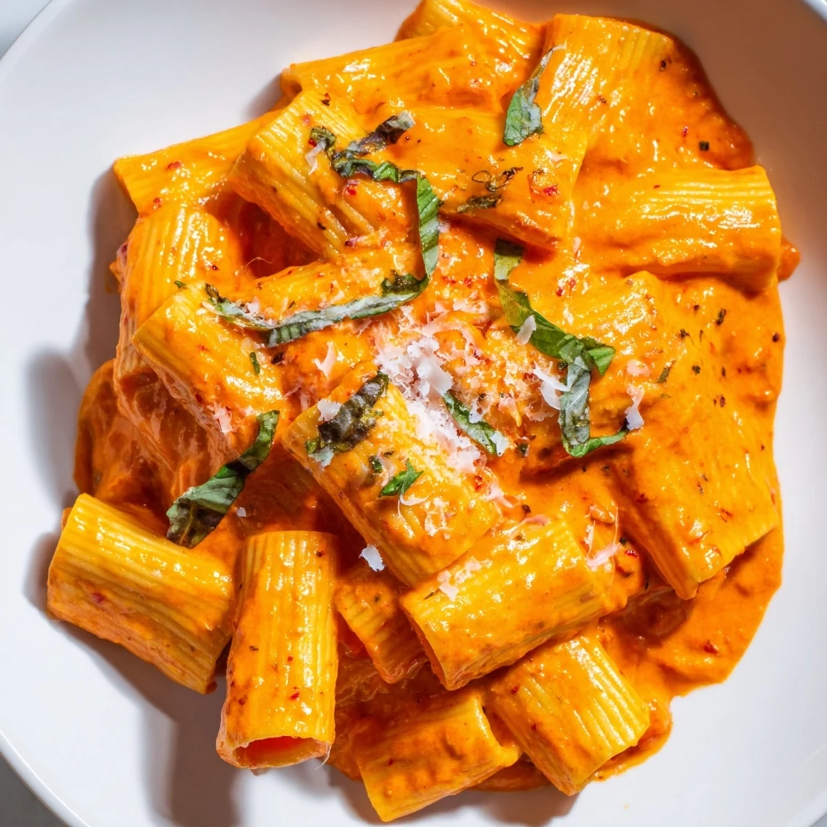 Steaming bowl of roasted red pepper pantry pasta with glossy orange-red sauce
