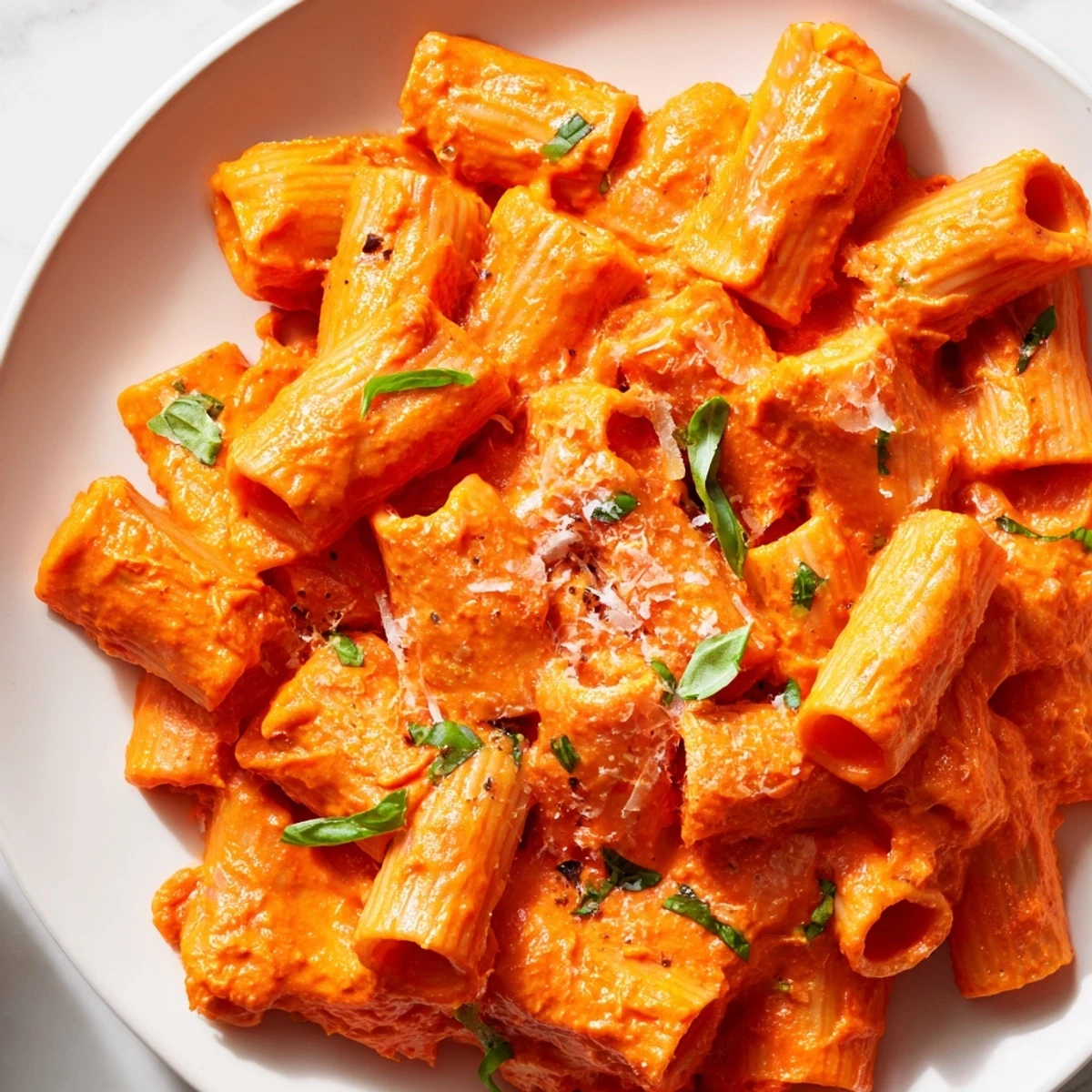 Roasted red pepper pantry pasta twirled on a fork with garnished plate