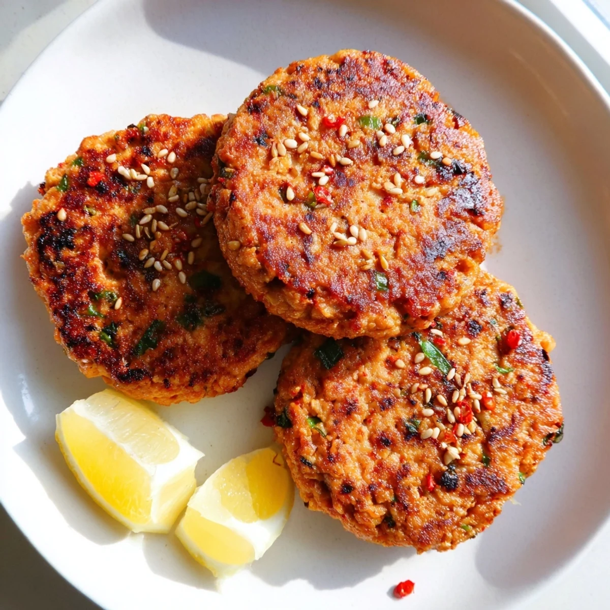 Crispy golden harissa sesame salmon patties served hot with fresh lemon wedges