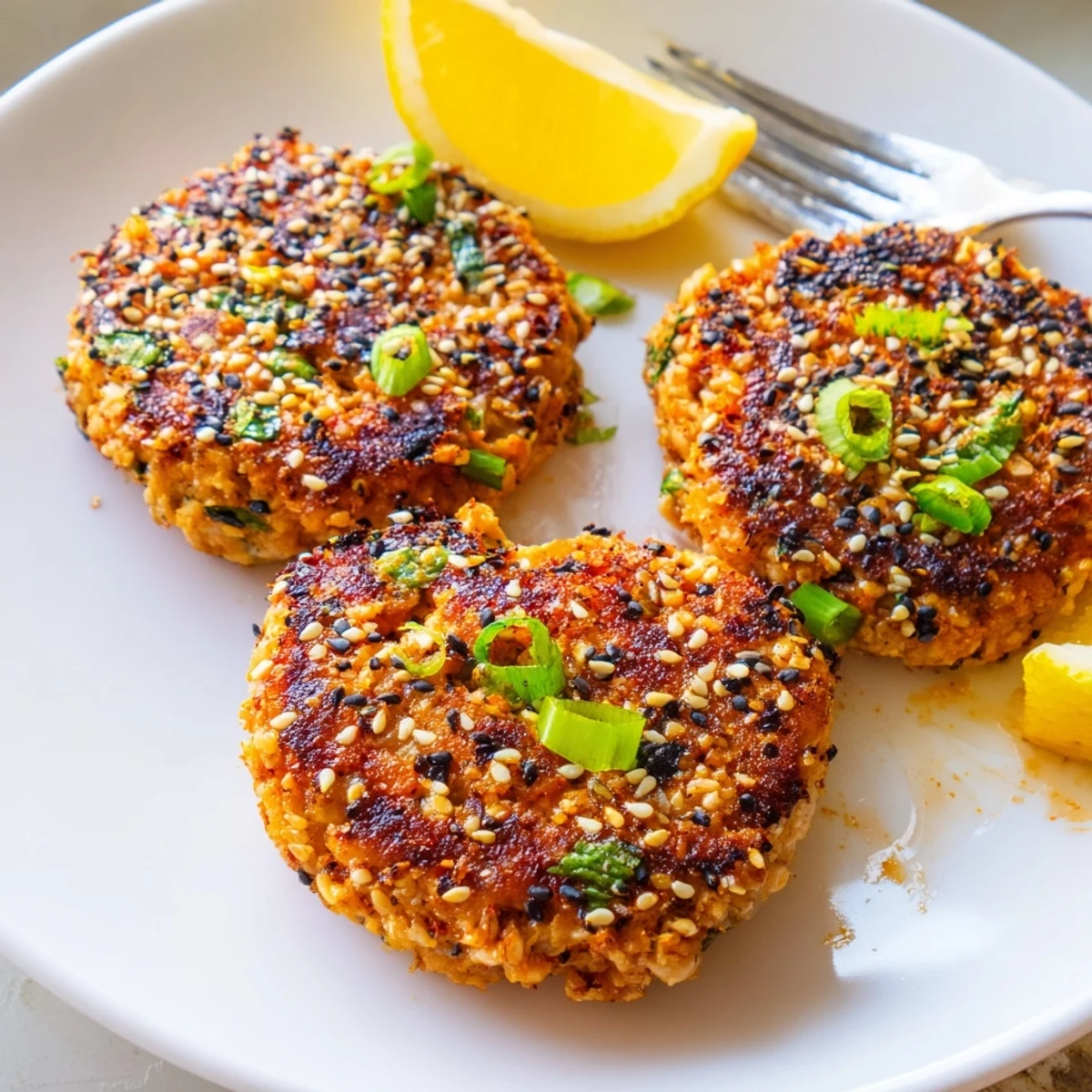 Spicy harissa sesame salmon patties garnished with toasted sesame seeds and cilantro