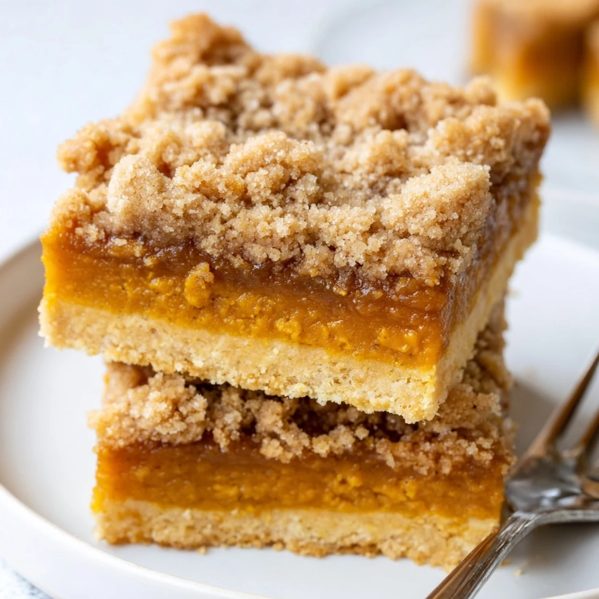Golden brown sugar maple pumpkin butter bars with crumbly streusel topping on a rustic plate