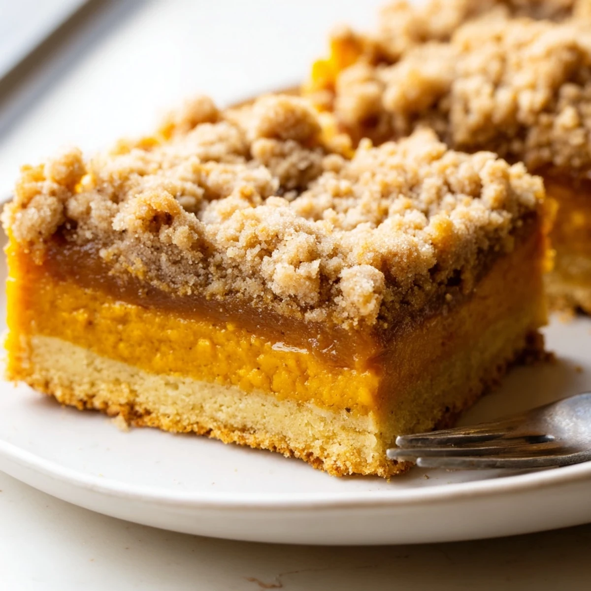 Warm brown sugar maple pumpkin butter bars cut into squares dusted with cinnamon and served alongside coffee