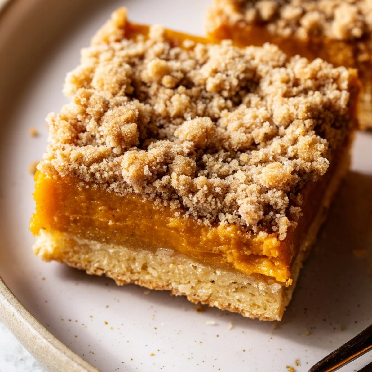 Creamy pumpkin maple filling layered between buttery crust and spiced streusel in these autumn bars