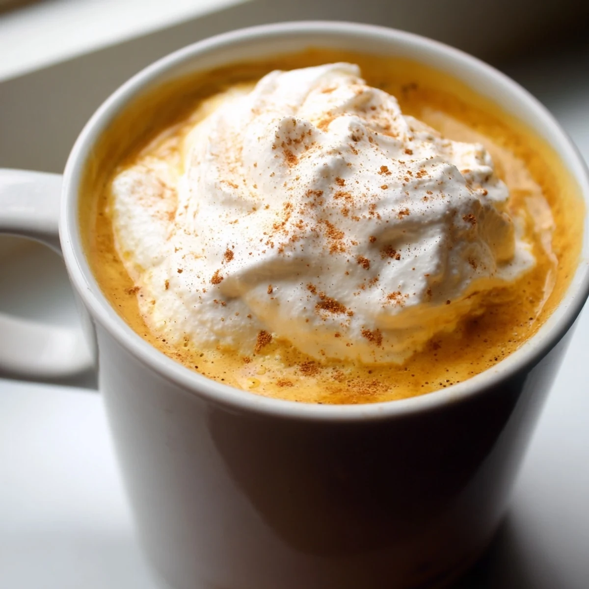 Homemade Pumpkin Spice Latte topped with whipped cream and cinnamon dust in a cozy mug