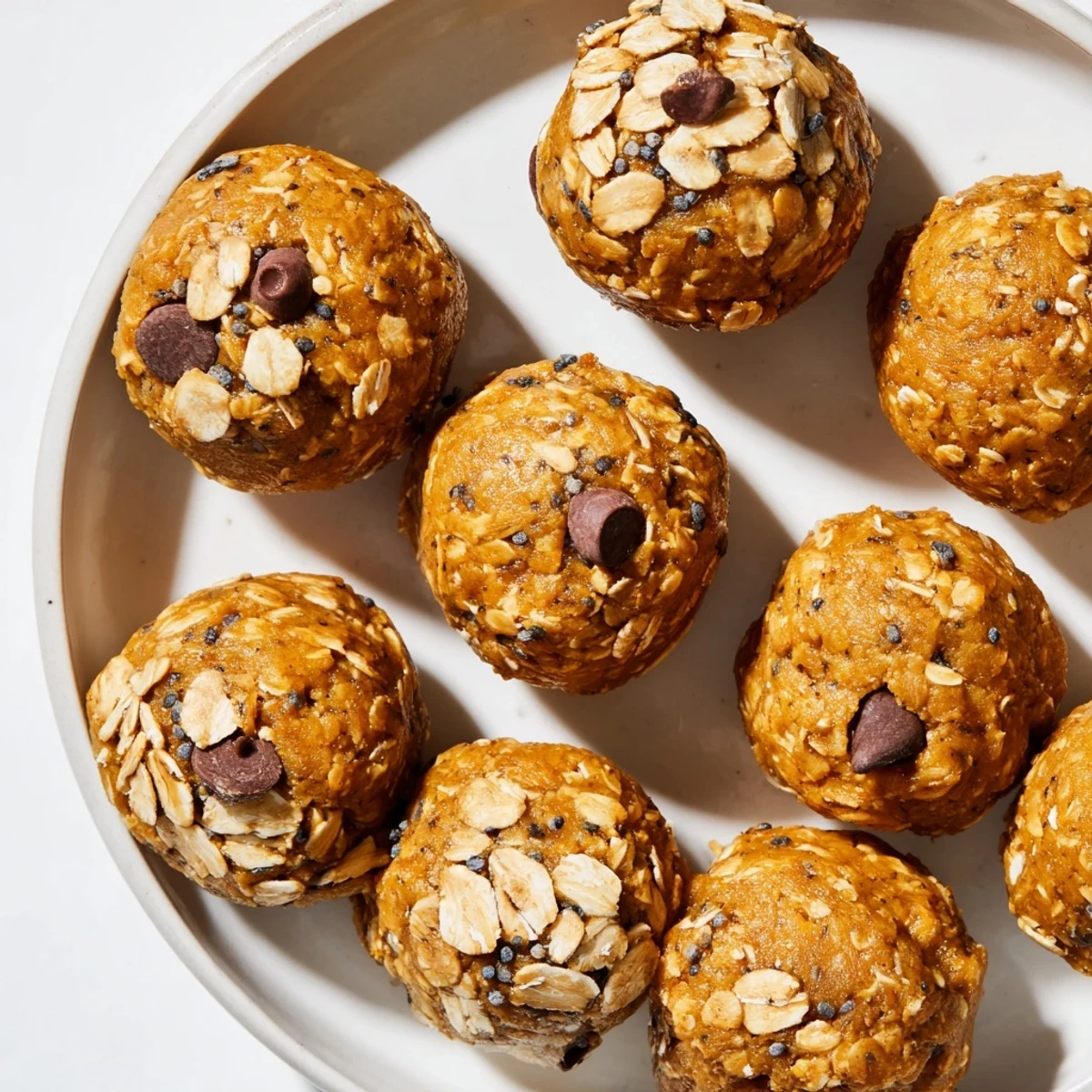 Golden no bake pumpkin protein balls arranged on a white plate with cinnamon sprinkles