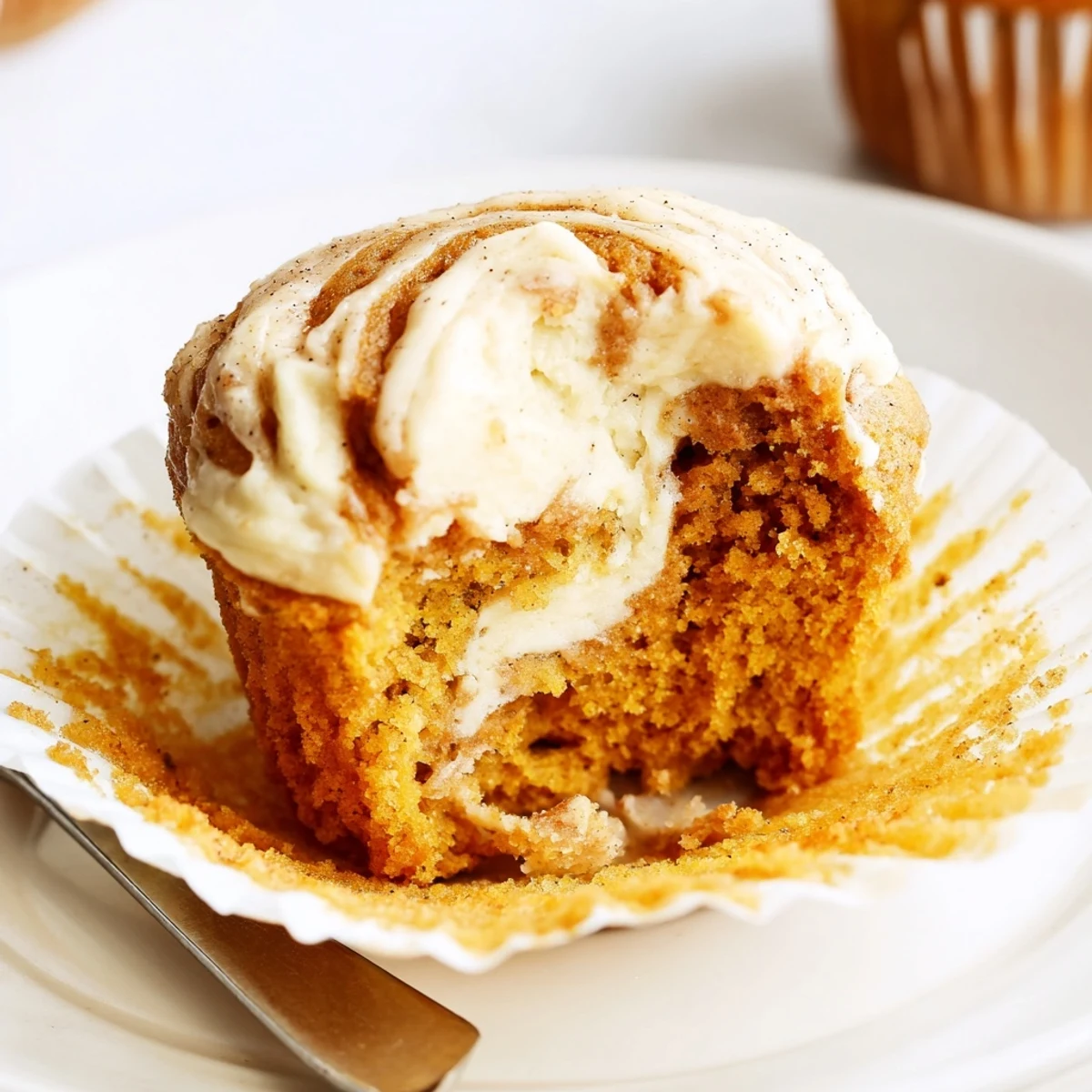 Golden chai pumpkin cheesecake muffins with creamy swirled tops on a rustic cooling rack