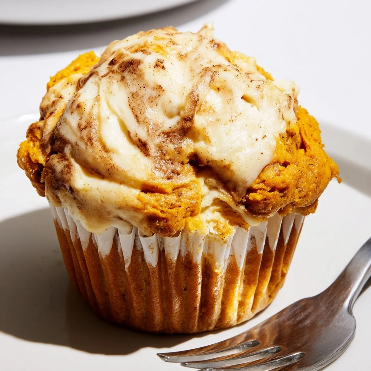 Warm chai pumpkin cheesecake muffins fresh from the oven with spiced cream cheese swirls